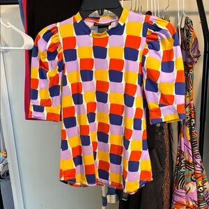 Nooworks Multicolor Checker Puff-Sleeve Top